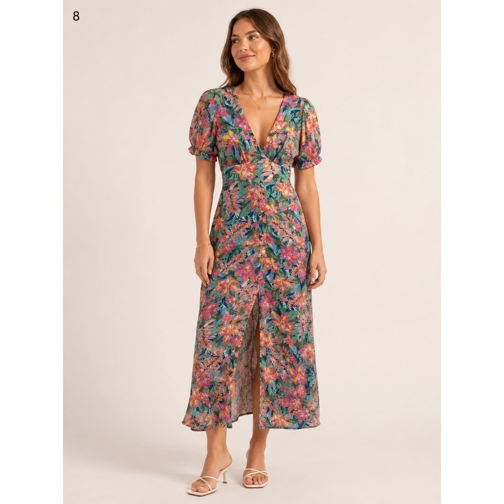 Takara Maxi Dress Juniors 5 Pink Blue Floral Polyester Button Front Tie Back‎